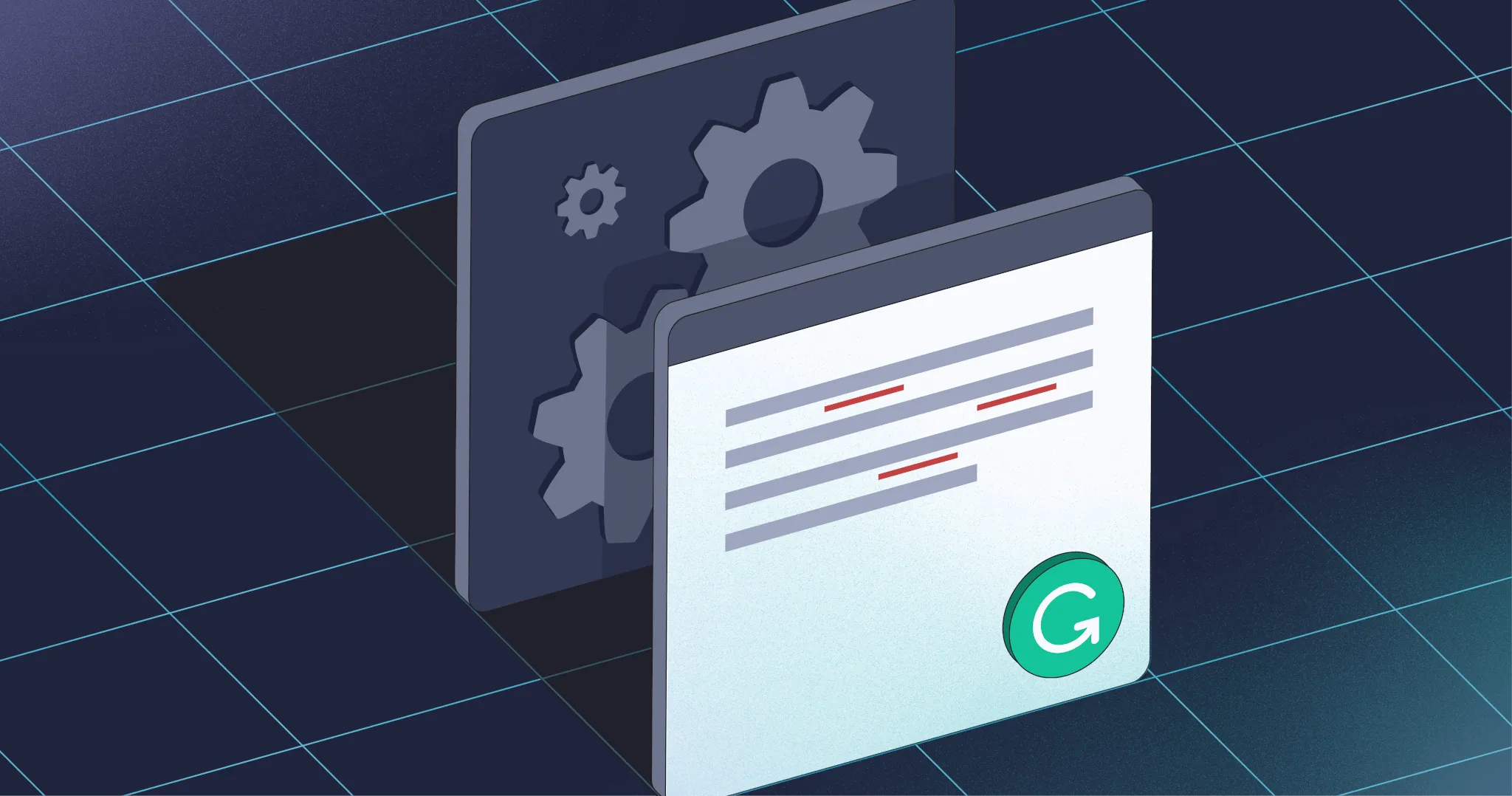 graphic showing cogs peeking out from behind a page with text and the Grammarly logo