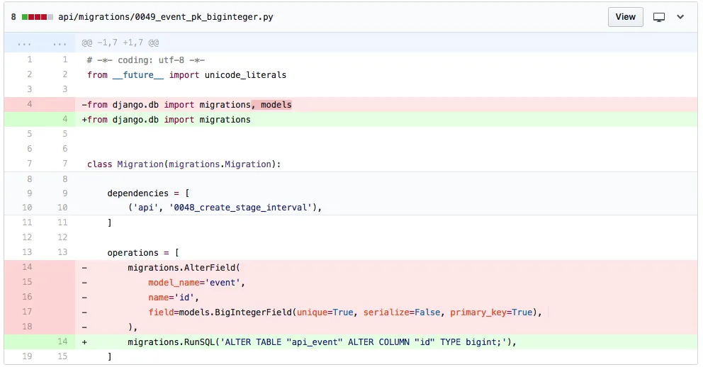 Screenshot of the Github code review UI showing a diff with a migration running "ALTER TABLE api_event ALTER COLUMN id TYPE bigint"