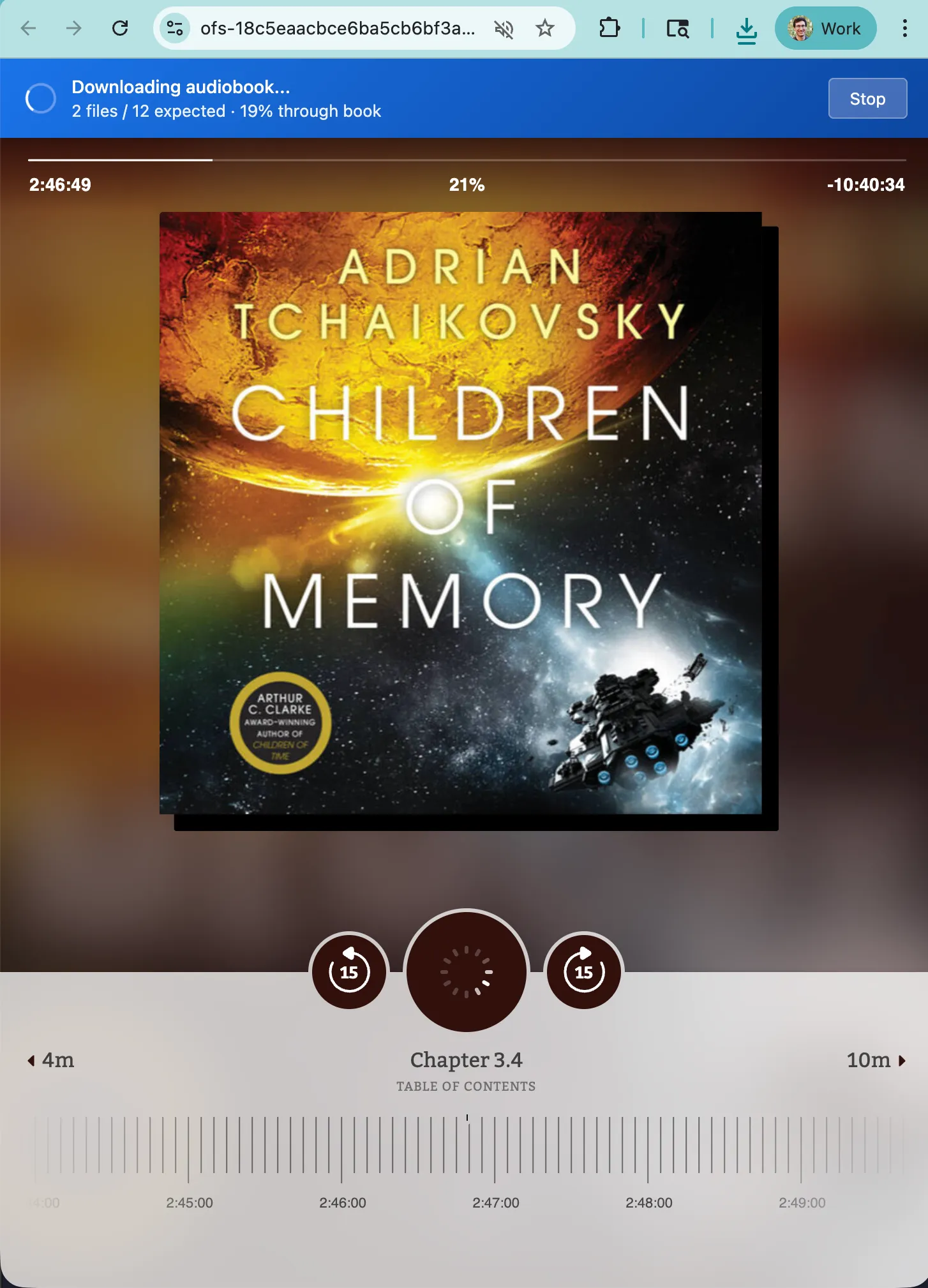 a screenshot of the libby web player with the extension running, downloading Children of Memory by Adrian Tchaikovsky