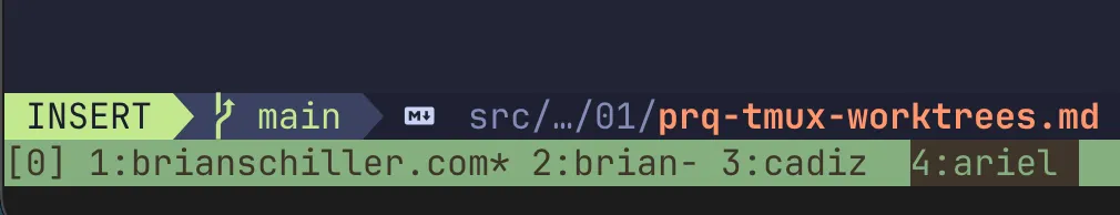 a screenshot of a tmux status bar with four windows. The first is active, named "brianschiller.com". The fourth window has inverted colors and is called "ariel"