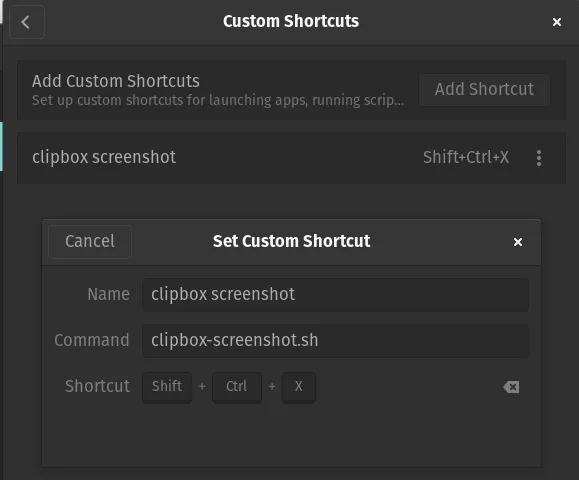custom shortcut settings for clipbox-screenshot.sh