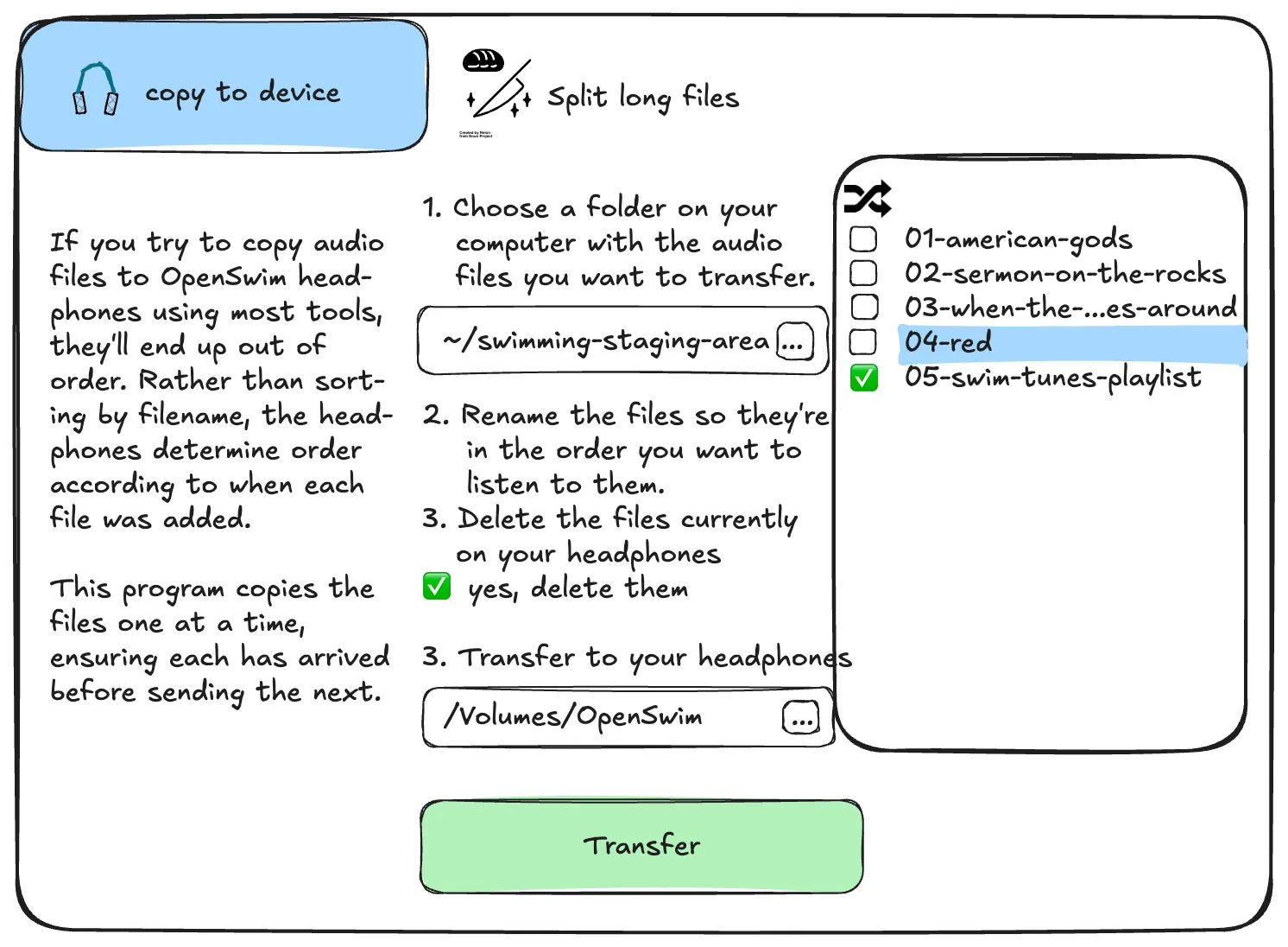 Sync and Swim UI mockup, the copy to device screen