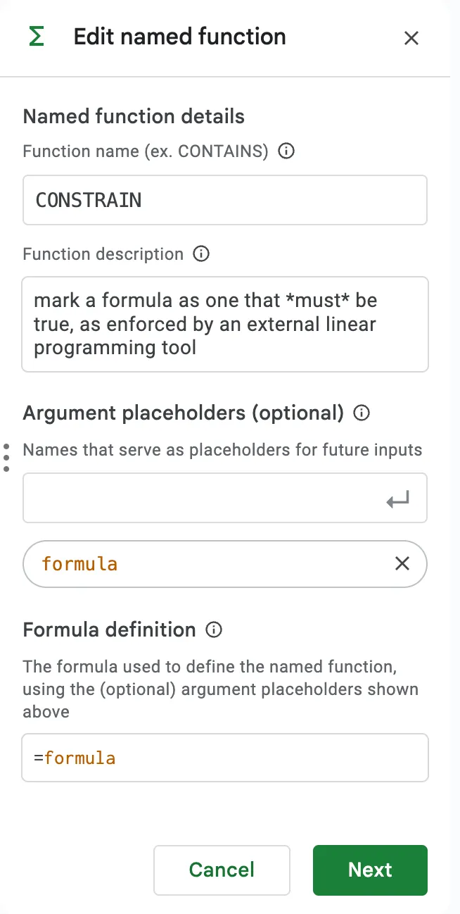 a screenshot of the Google Sheets UI for defining a custom function. The function is named CONSTRAIN and it takes one argument called &#x27;formula&#x27;. The implementation returns &#x27;formula&#x27; unchanged.