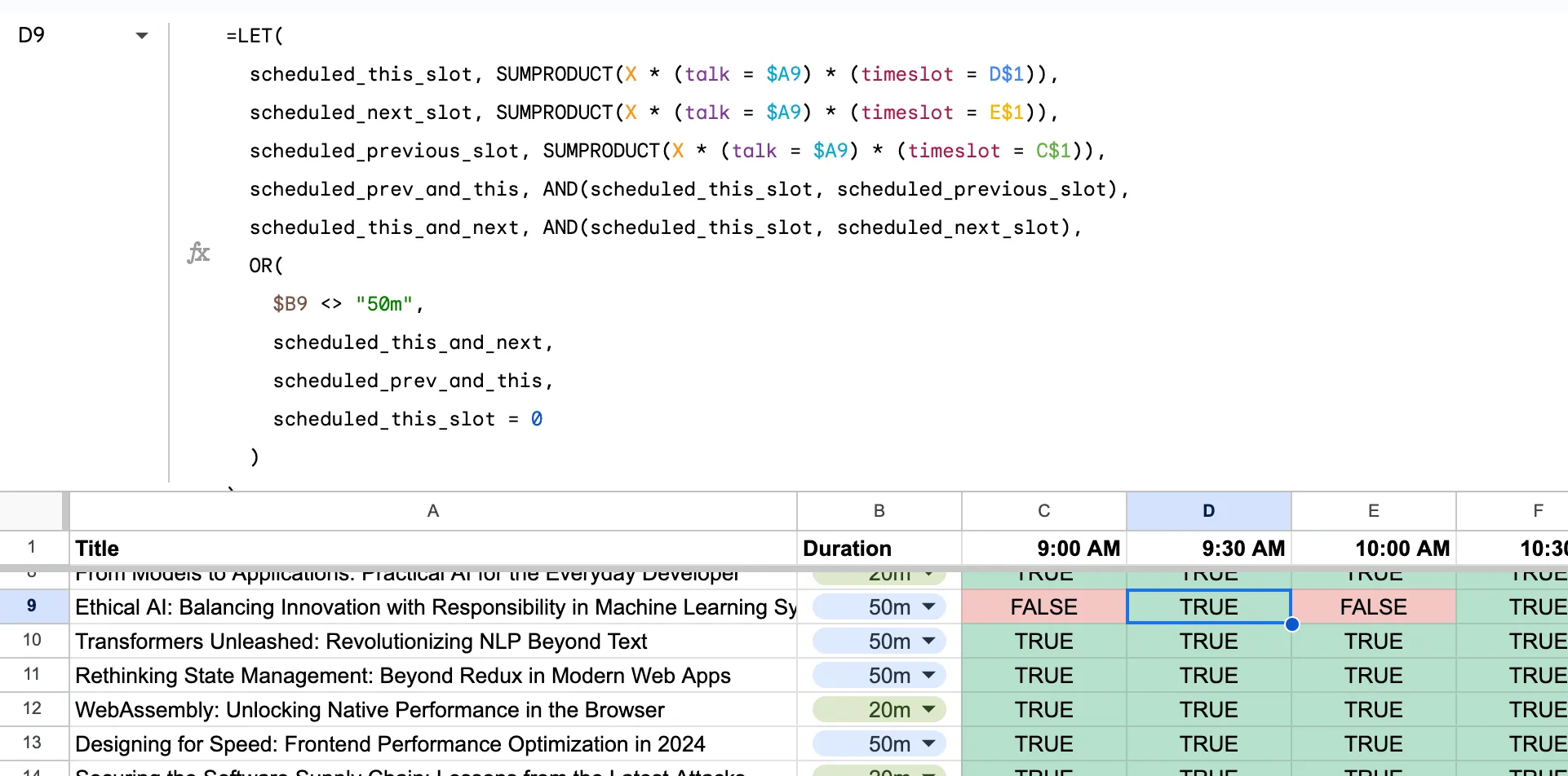 A spreadsheet showing the formula we put together, outputting FALSE for the Ethical AI talk at 9am and at 10am