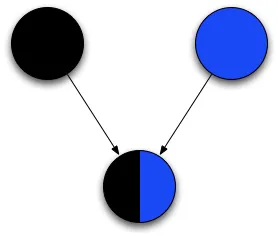 A black circle representing a wizard parent and a blue one representing a muggle give way to a half-blue half-black circel representing a 1/2 muggle child