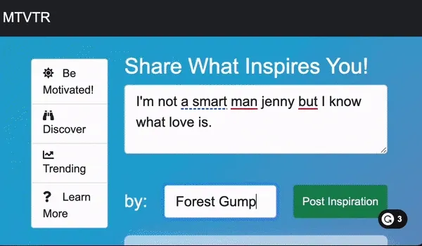Grammarly has highlighted a mistake in the entered text. When the user
clicks the “Post Inspiration” button, the editor returns to its empty state
with placeholder text, but the previous underlines remain.