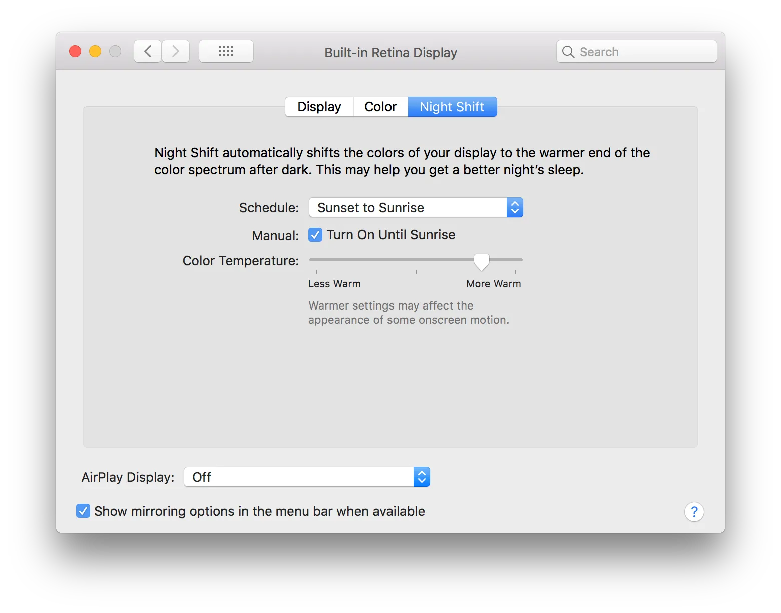 The night shift settings are built into macOS, and reduce the amount of blue light emitted between sunset and sunrise