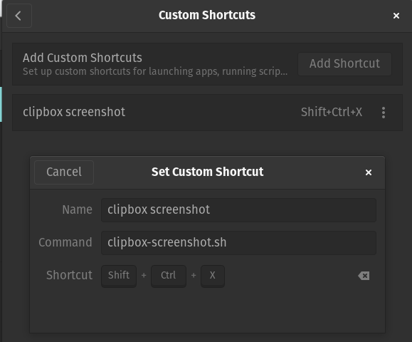 custom shortcut settings for clipbox-screenshot.sh