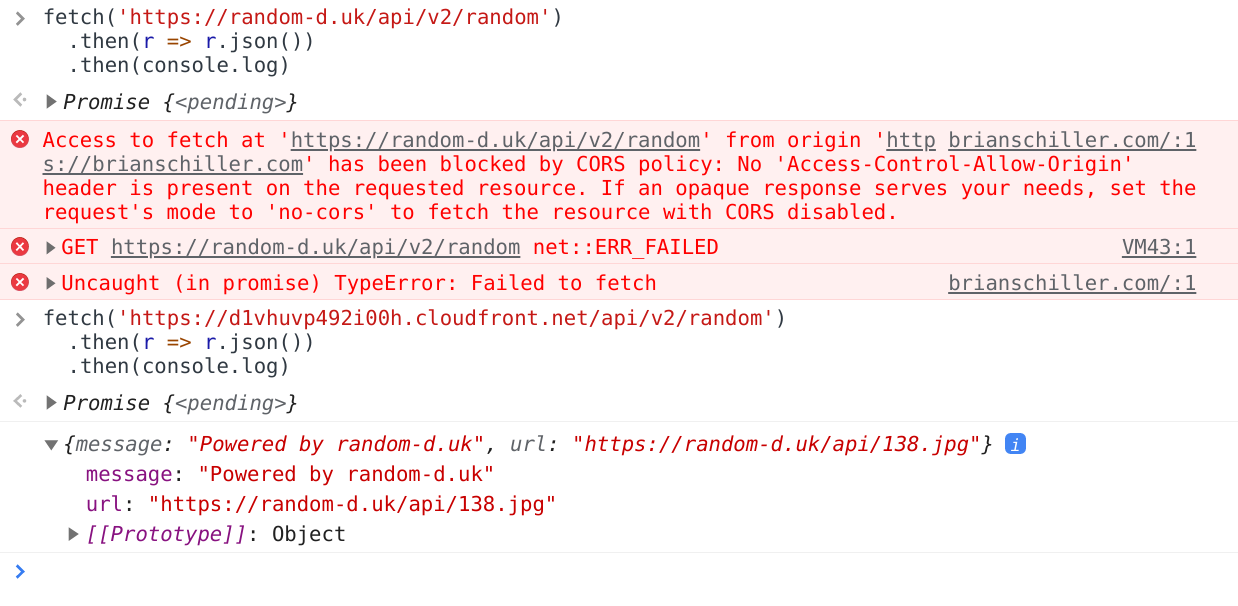 browser logs showing CORS errors when requesting random-d.uk directly, but a successful request when using the cloudfront proxy